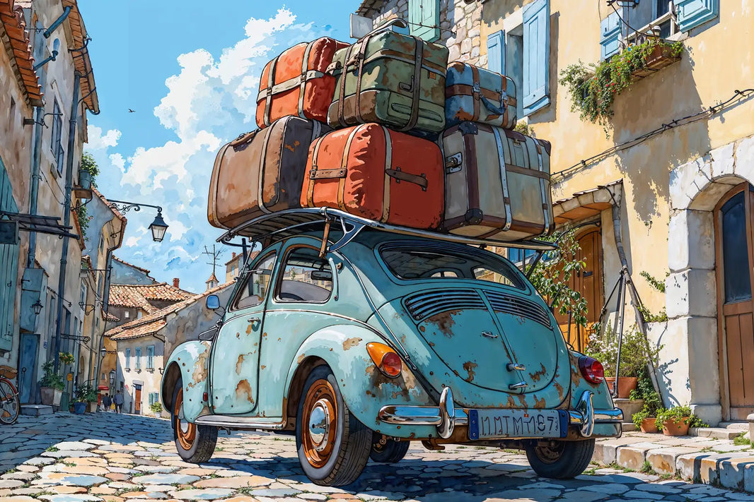 Voiture Coccinelle chargée de bagages sur le toit pour le départ en vacances